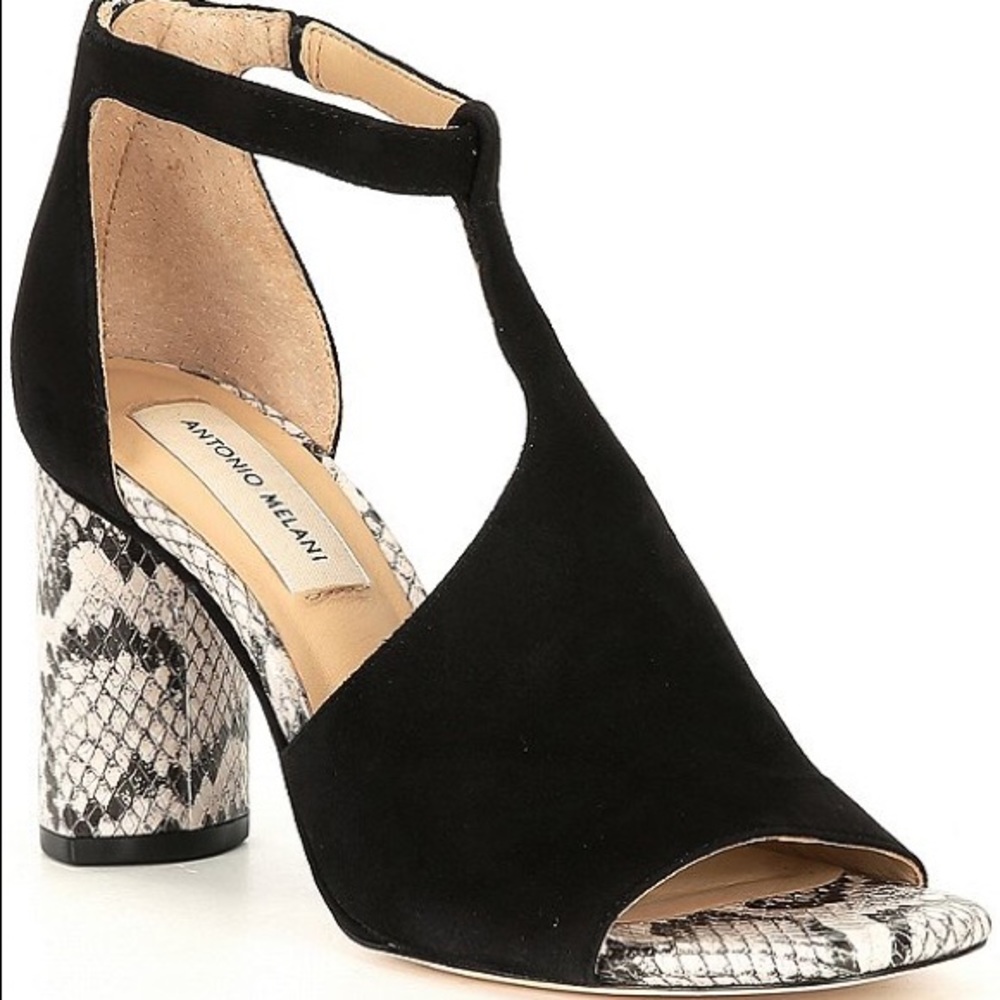 Antonio Melani Black Suede with snake print leather.